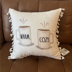 Rae Dunn White Pillow with Warm Cozy Mugs